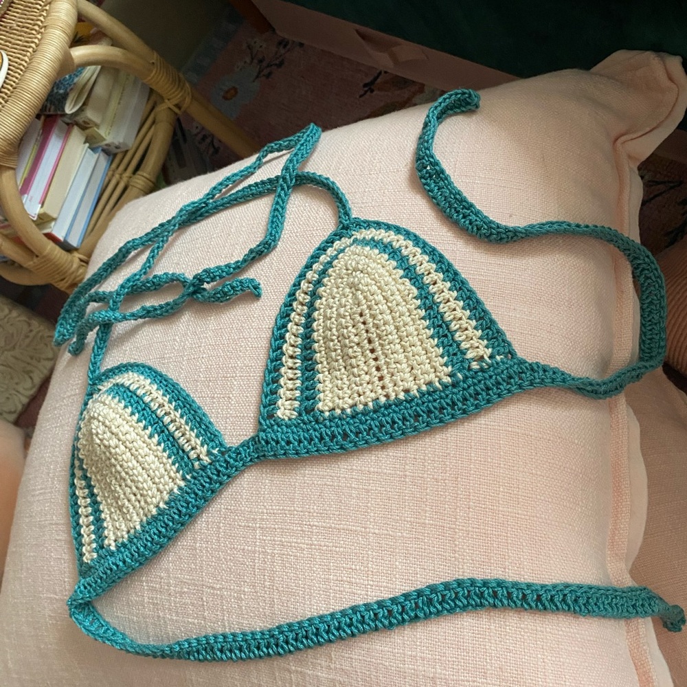 Teal and Cream Crochet Triangle Bikini Top - Women’s Swim